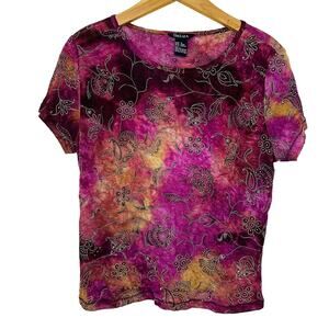 Beliza Y2K Mesh Sheer Embellished Floral Purple Pink Tie Dye Top Size L